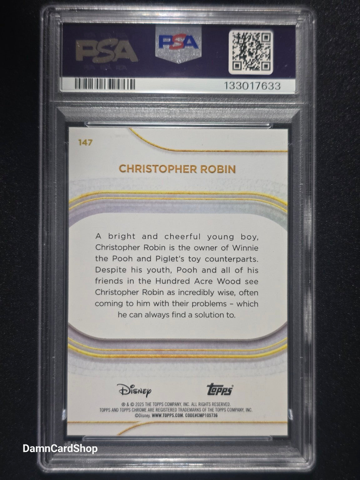2025 Topps Chrome Disney #147 Christopher Robin Purple Wave PSA 8
