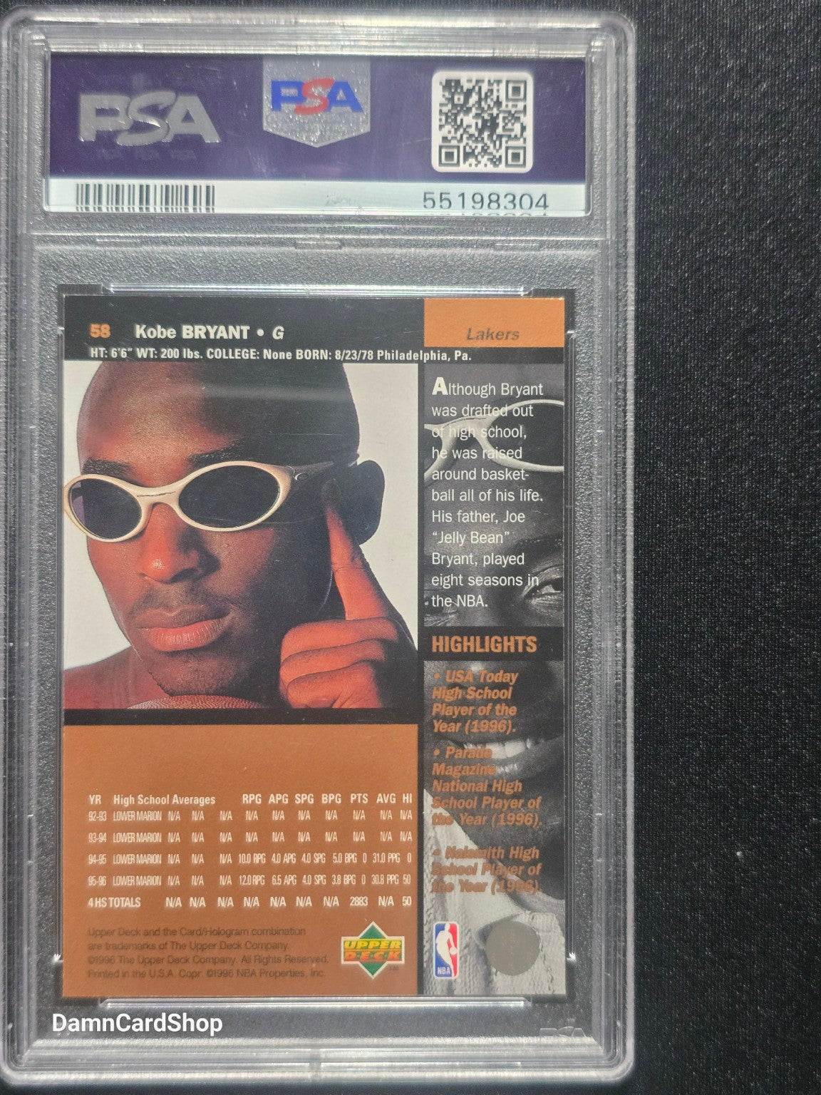 1996 Upper Deck #58 Kobe Bryant RC PSA 9
