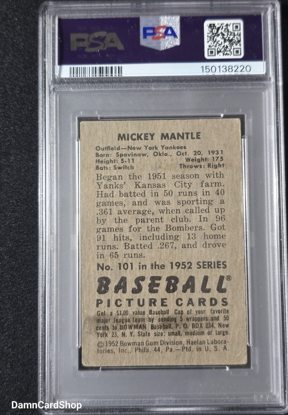 1952 Bowman #101 Mickey Mantle PSA 3 VG