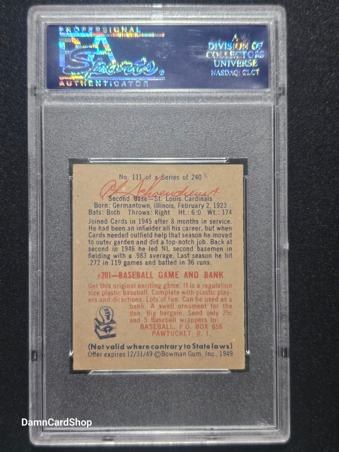 1949 Bowman #111 Red Schoendienst PSA 6 EX-MT