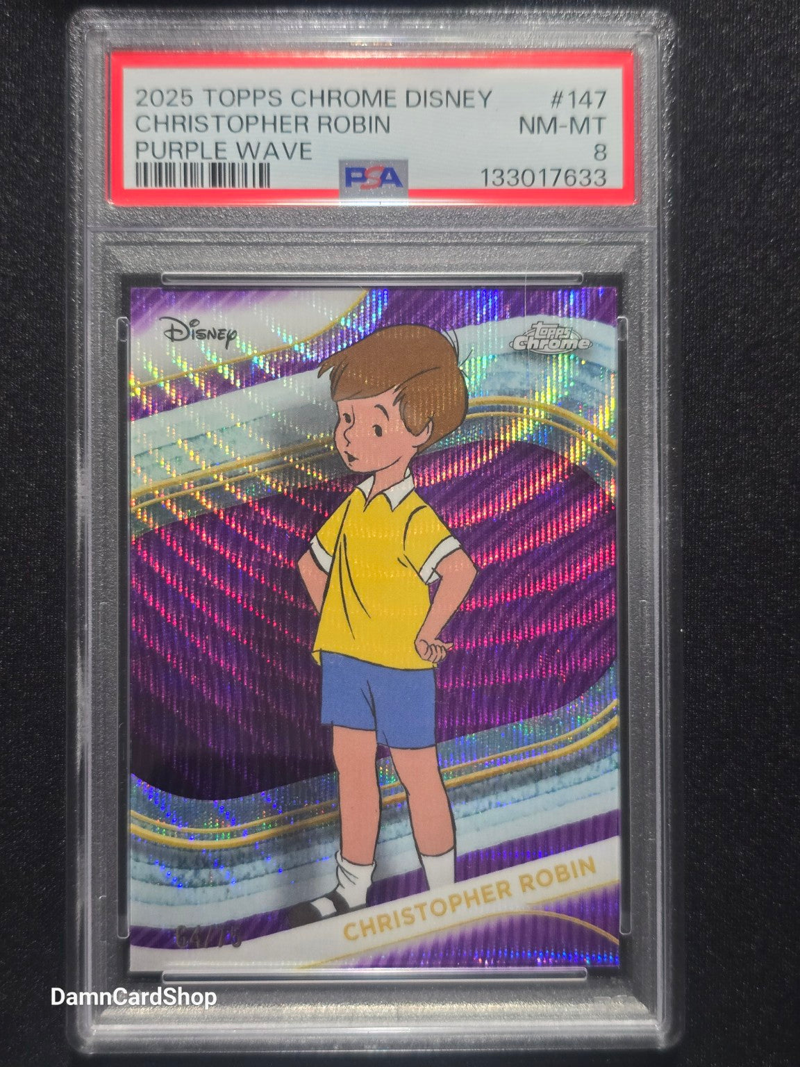 2025 Topps Chrome Disney #147 Christopher Robin Purple Wave PSA 8