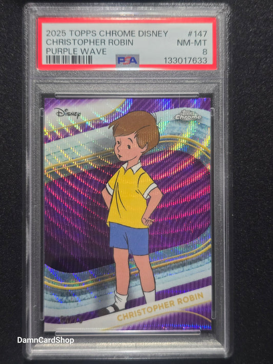 2025 Topps Chrome Disney #147 Christopher Robin Purple Wave PSA 8