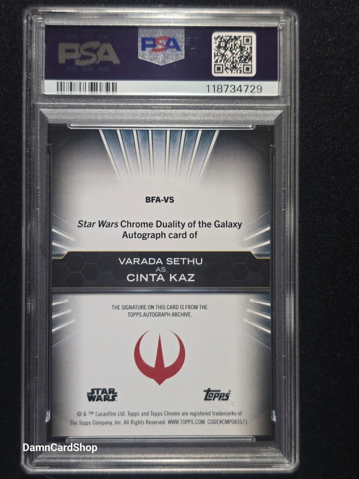 2024 Topps Star Wars Chrome Black Duality of the Galaxy Autographs Varada Sethu Red Refractor Auto PSA 9