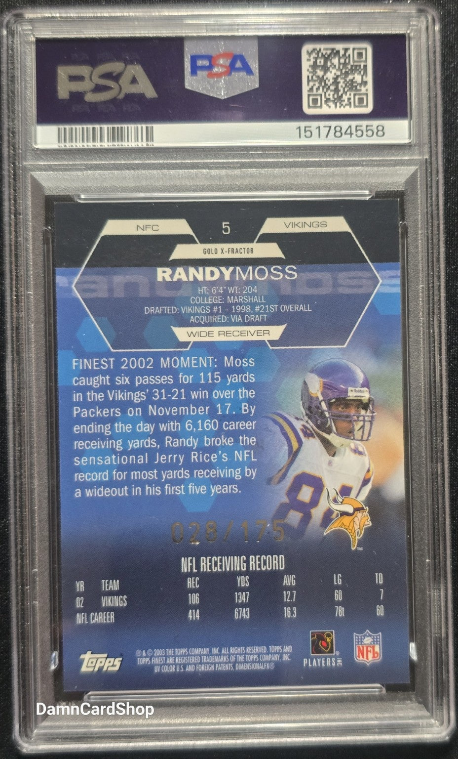 2003 Finest #5 Randy Moss Gold Xfractor PSA 10