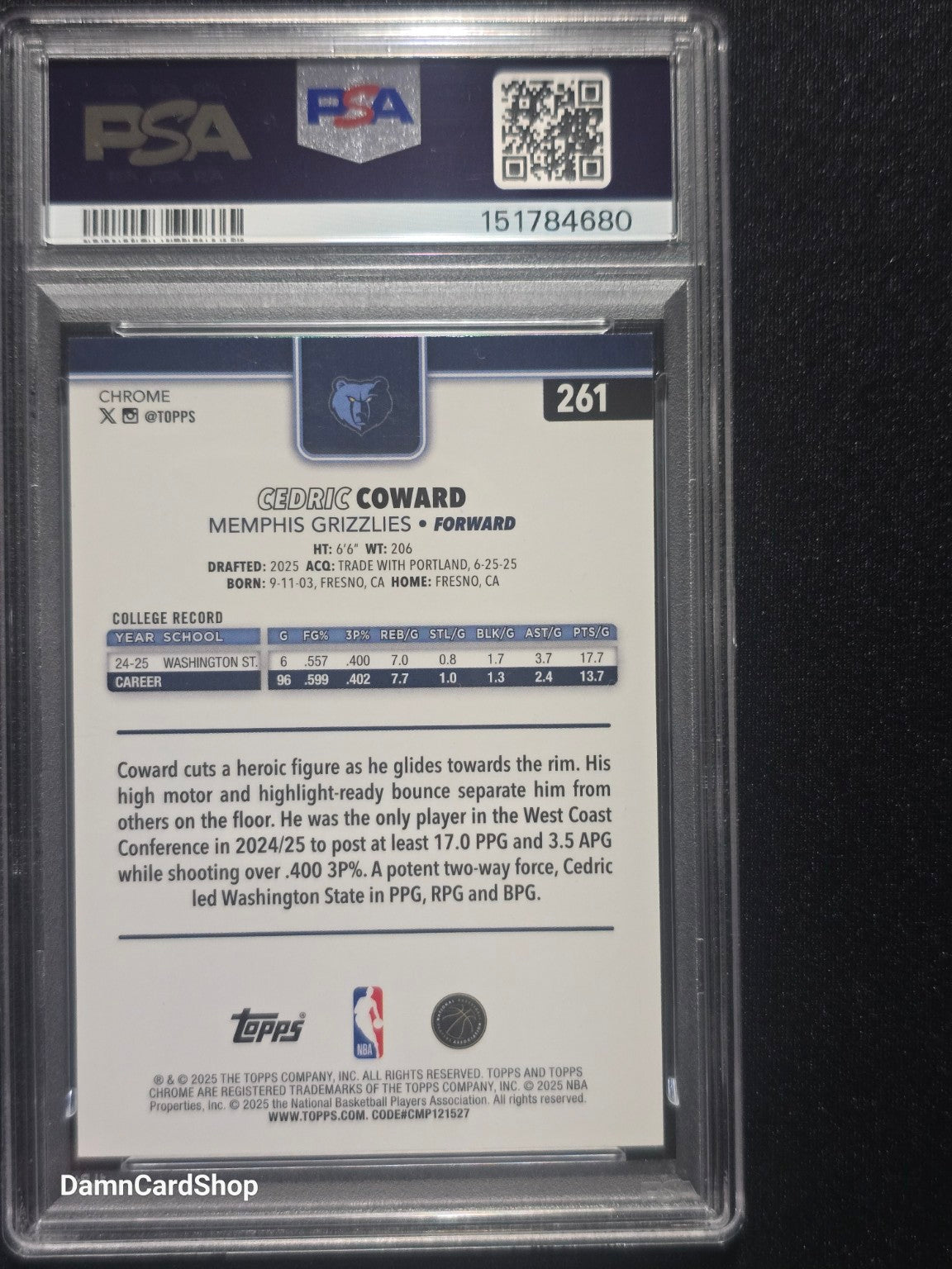 2025 Topps Chrome #261 Cedric Coward RC Red White and Blue Refractor PSA 10