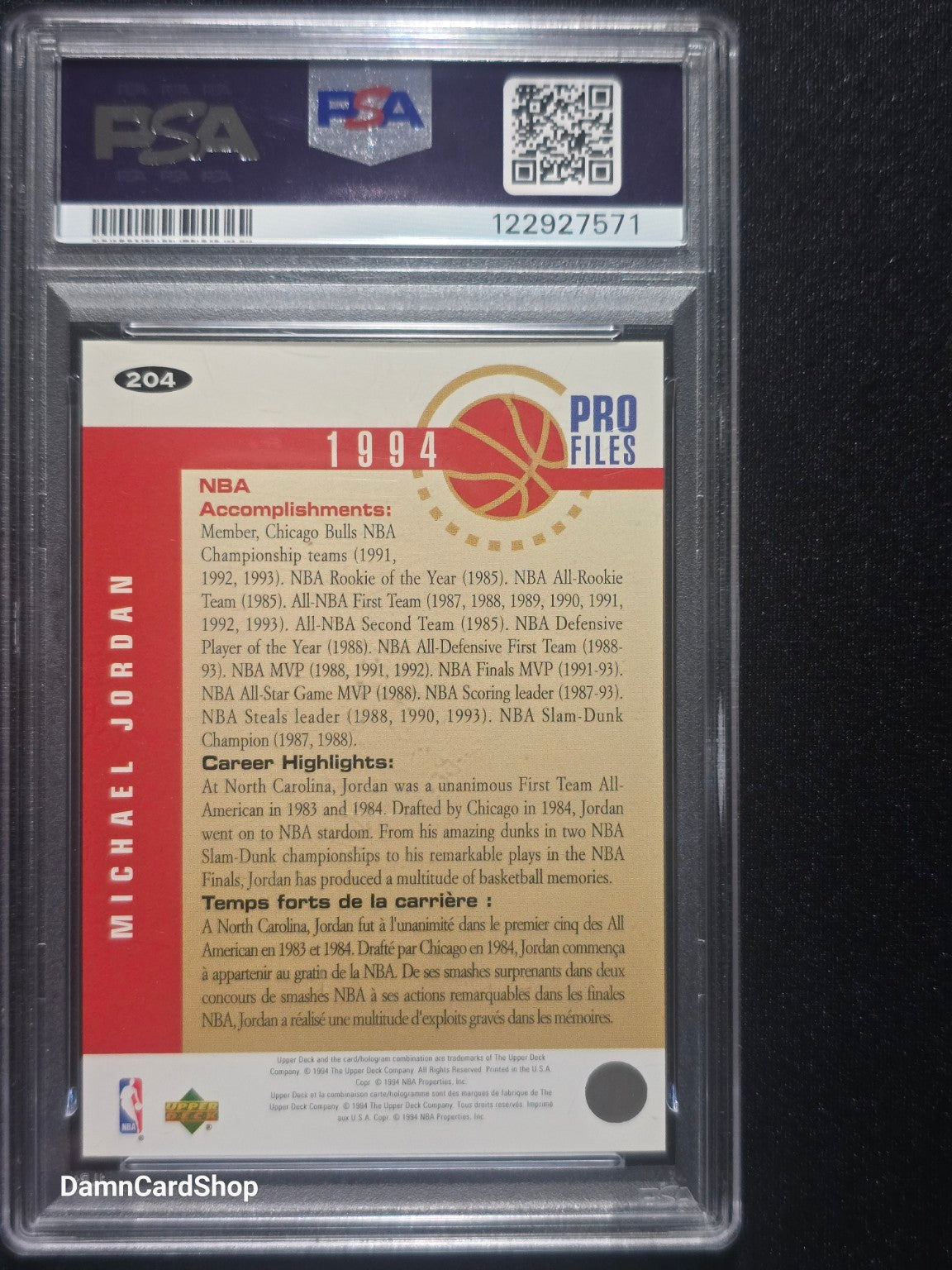 1994 Collector's Choice International French #204 Michael Jordan PSA 7