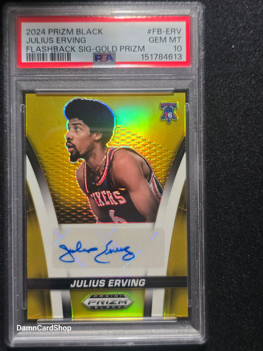 2024 Panini Prizm Black Flashback Signatures #FB-ERV Julius Erving Gold Prizm Auto PSA 10