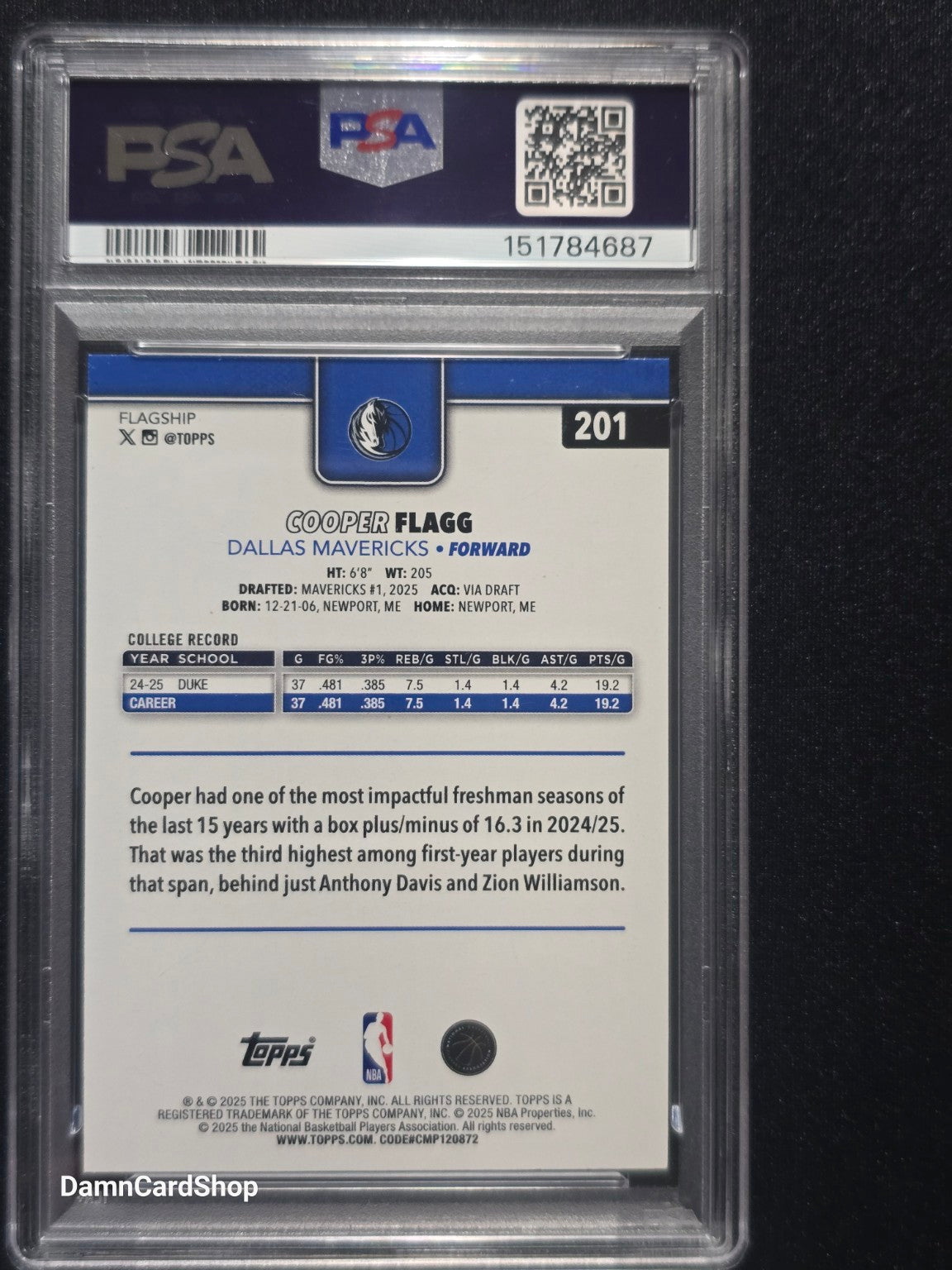 2025 Topps #201 Cooper Flagg RC Rainbow Foilboard PSA 10